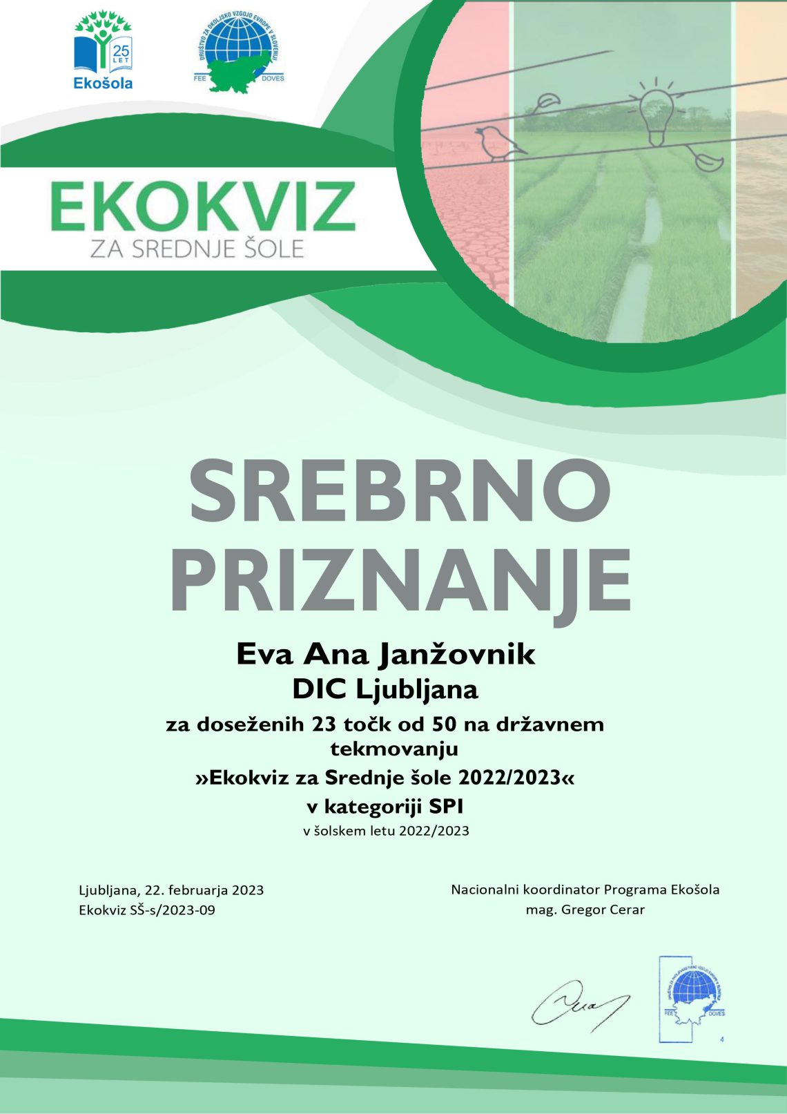 Ekokviz Srebrno priznanje Eva Ana Janžovnik. Ekokviz za srednje šole 2022/2023 v kategoriji SSI PTI
