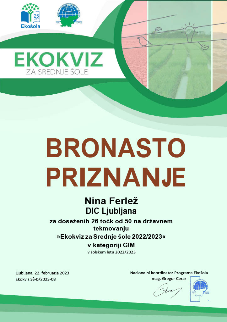 Ekokviz Bronasto priznanje Nina Ferležpriznanje. Ekokviz za srednje šole 2022/2023 v kategoriji SSI PTI
